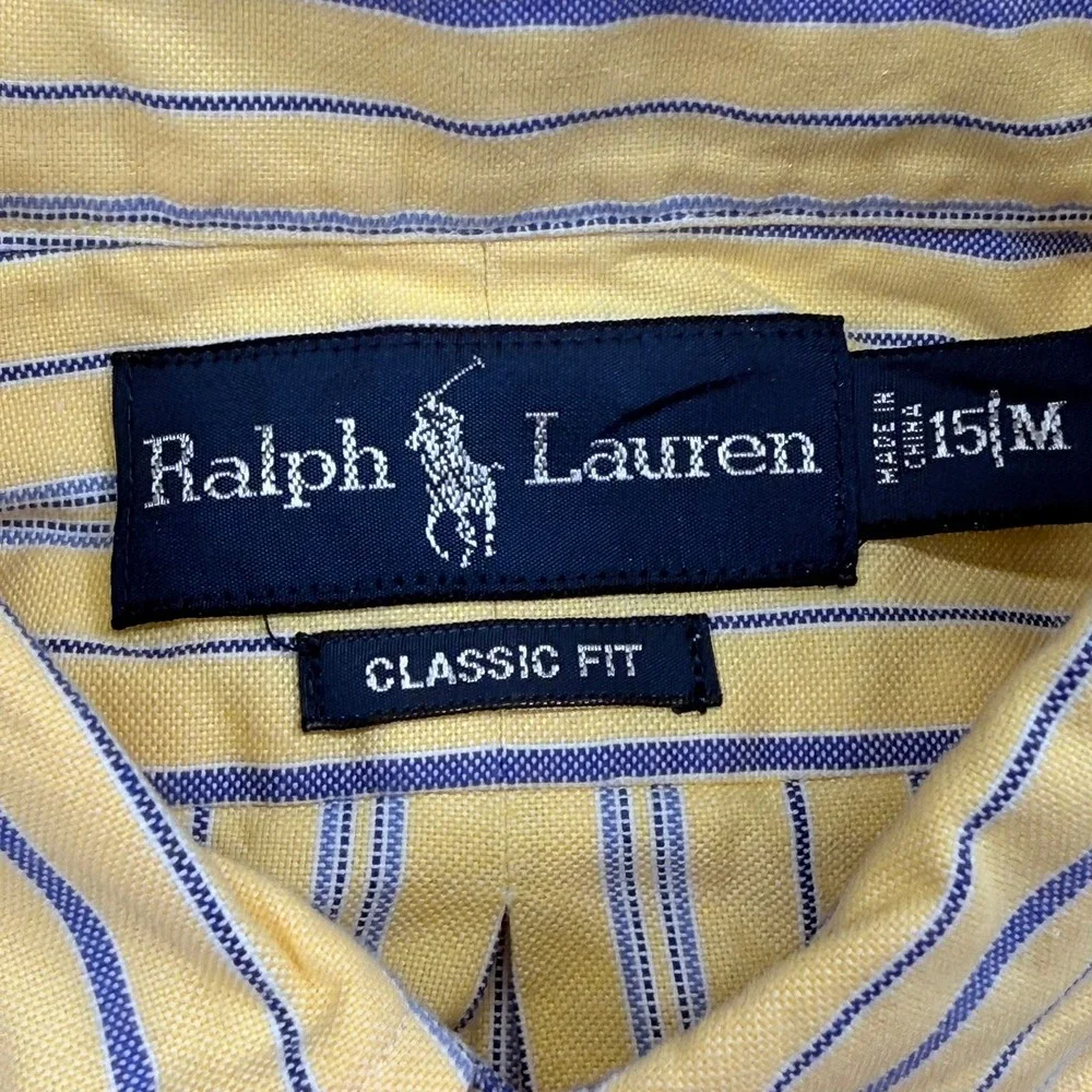 Ralph Lauren Classic Fit Striped Button Down Shirt Mens 15 M Yellow Blue Oxford